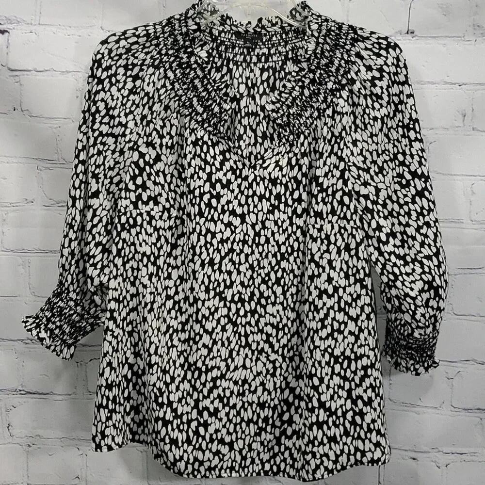 Talbots black white abstract animals print smocked neck & cuffs blouse SP